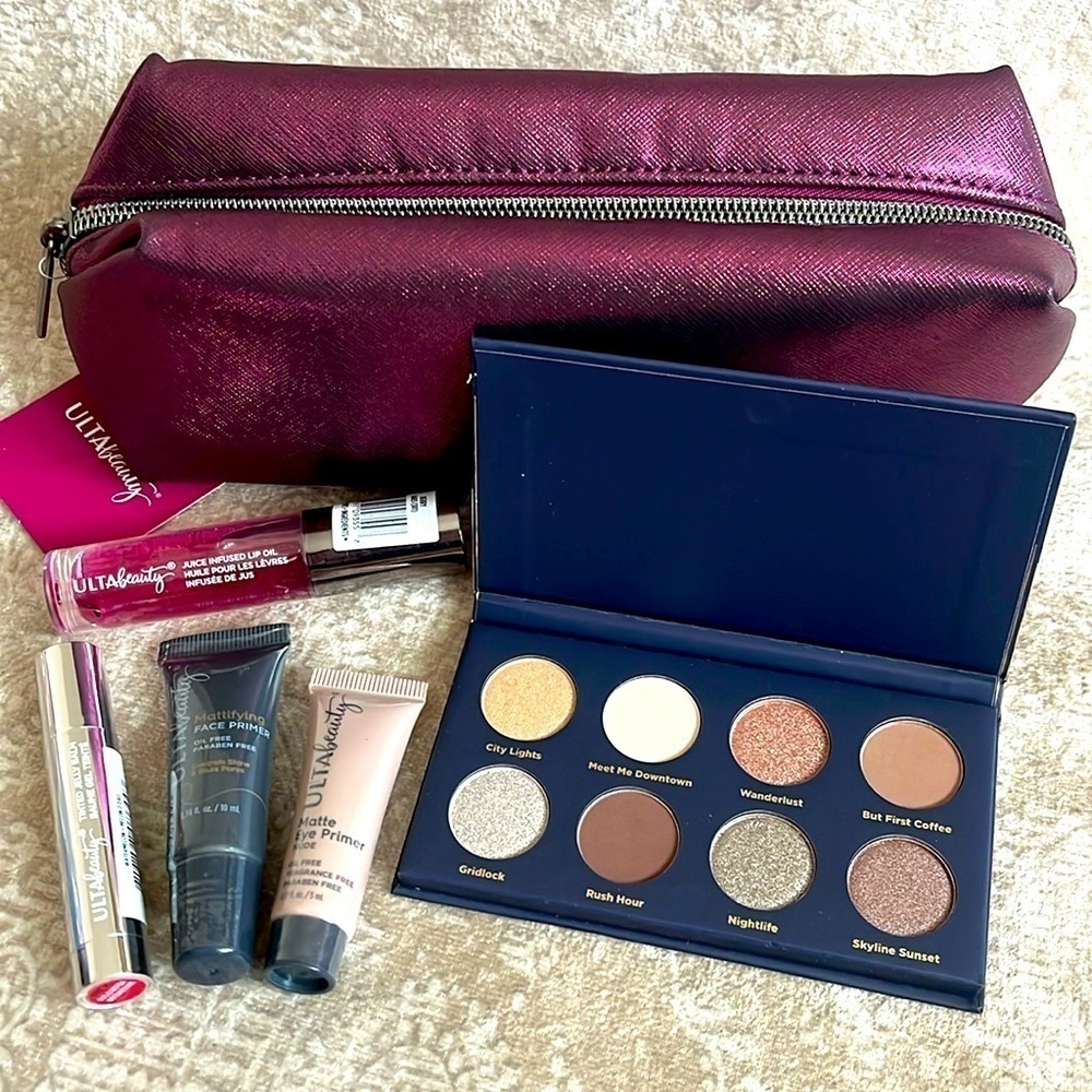 Brand New Ulta Beauty Eyeshadow Palette Primer Jelly Balm Lip Oil Makeup Bag